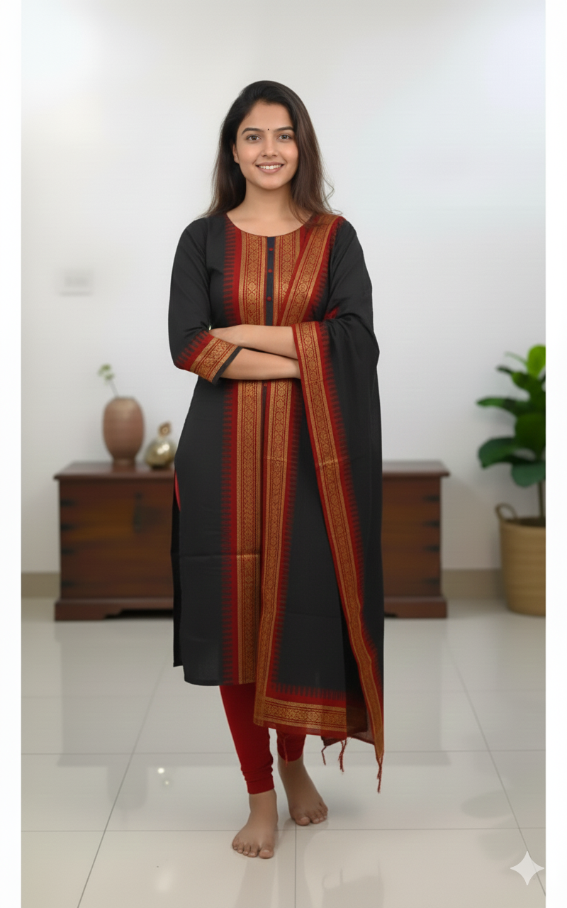 Black Chanderi Cotton Straight Fit Kurta Set with Jacquard Border.