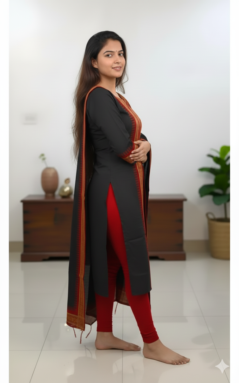 Black Chanderi Cotton Straight Fit Kurta Set with Jacquard Border.