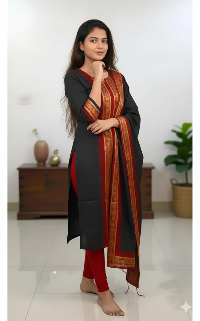 Black Chanderi Cotton Straight Fit Kurta Set with Jacquard Border.