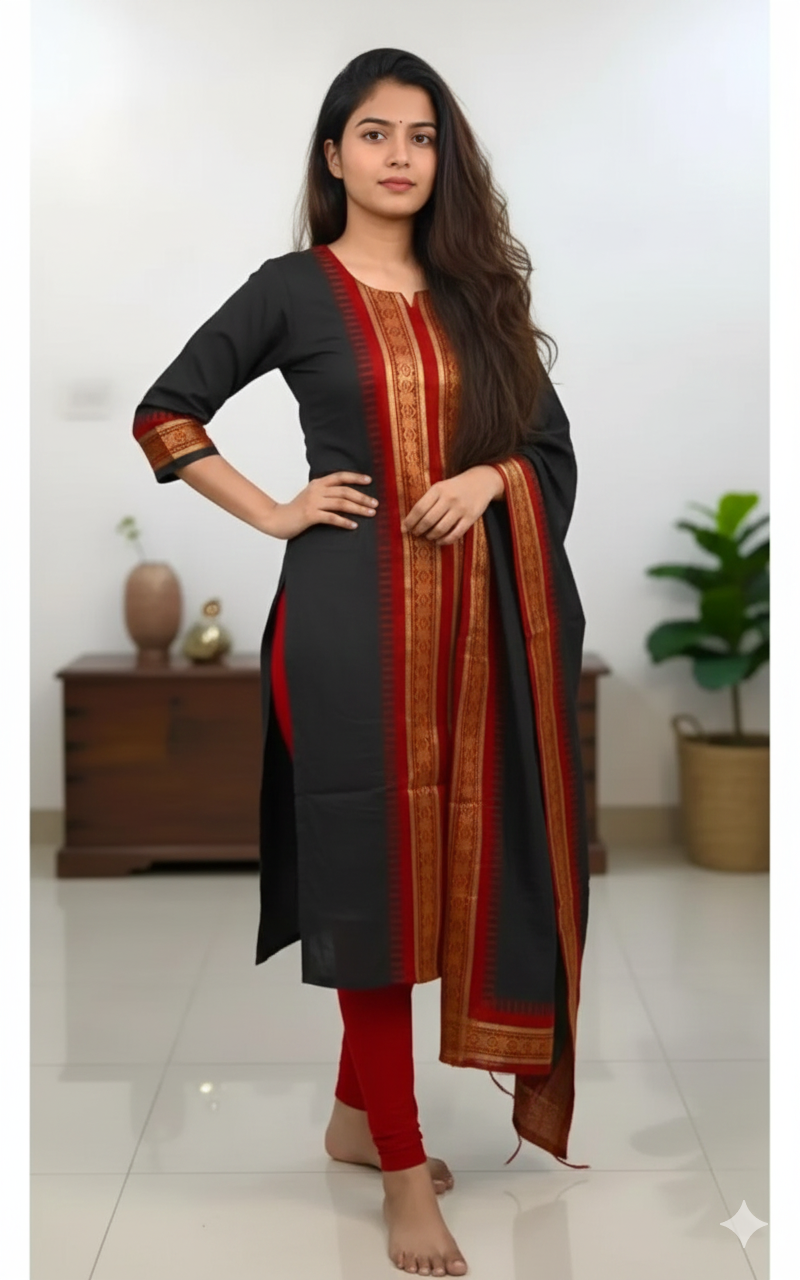 Black Chanderi Cotton Straight Fit Kurta Set with Jacquard Border.