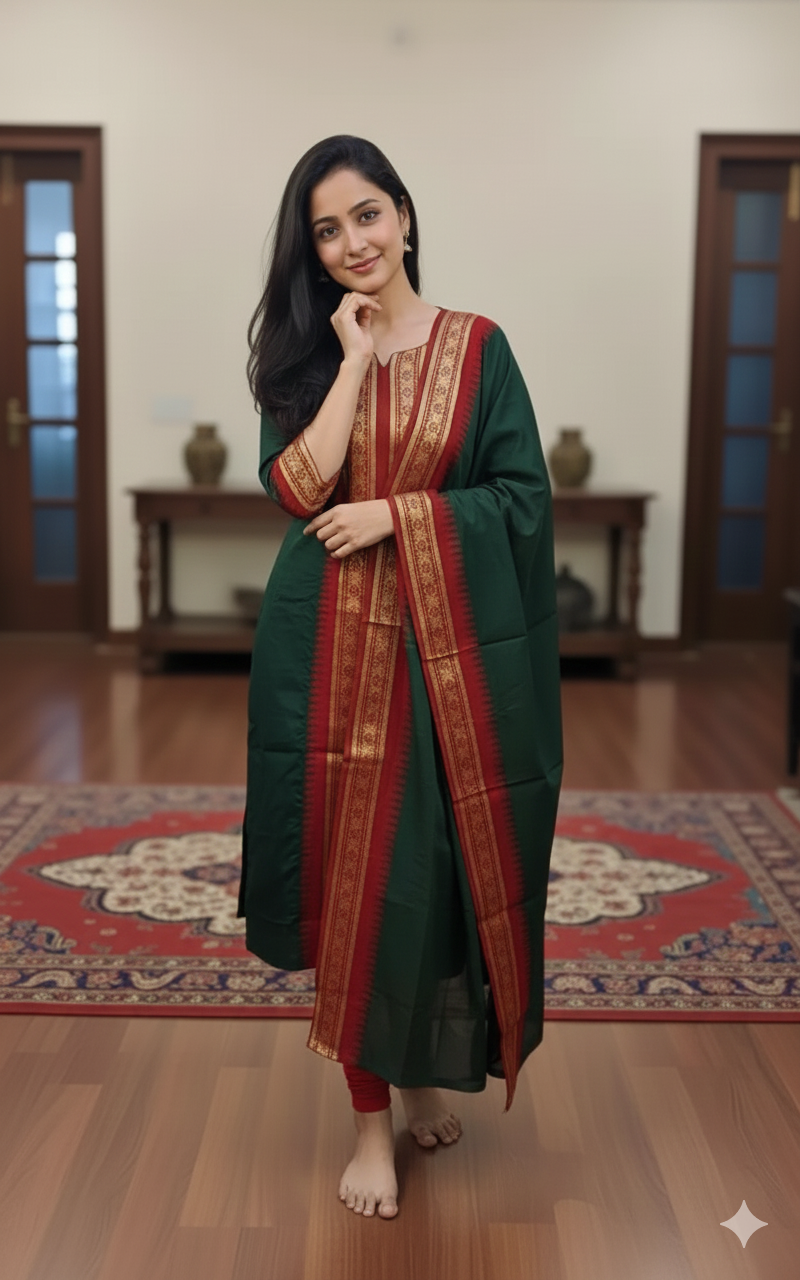 Bottle Green Chanderi Cotton Straight Fit Kurta Set with Jacquard Border.