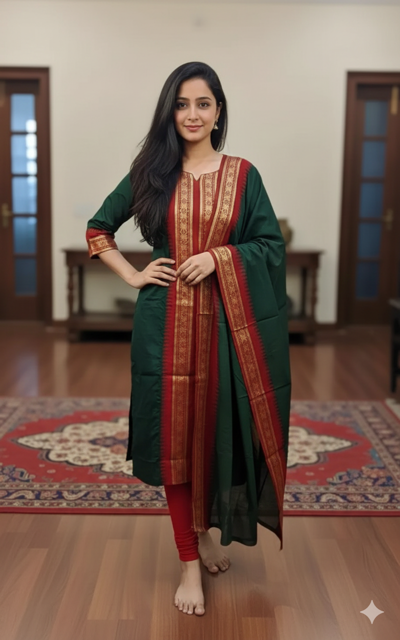 Bottle Green Chanderi Cotton Straight Fit Kurta Set with Jacquard Border.