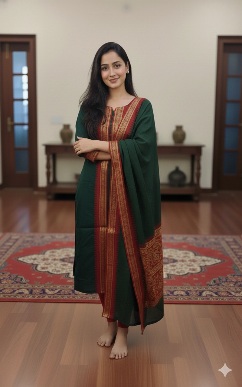 Bottle Green Chanderi Cotton Straight Fit Kurta Set with Jacquard Border.