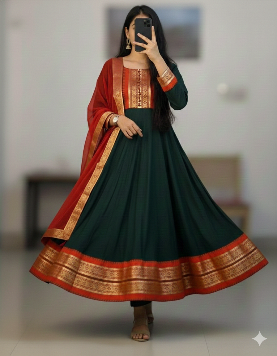 Chanderi Cotton Gown with Jacquard Work & Georgette Dupatta