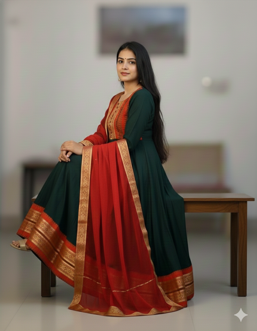Chanderi Cotton Gown with Jacquard Work & Georgette Dupatta