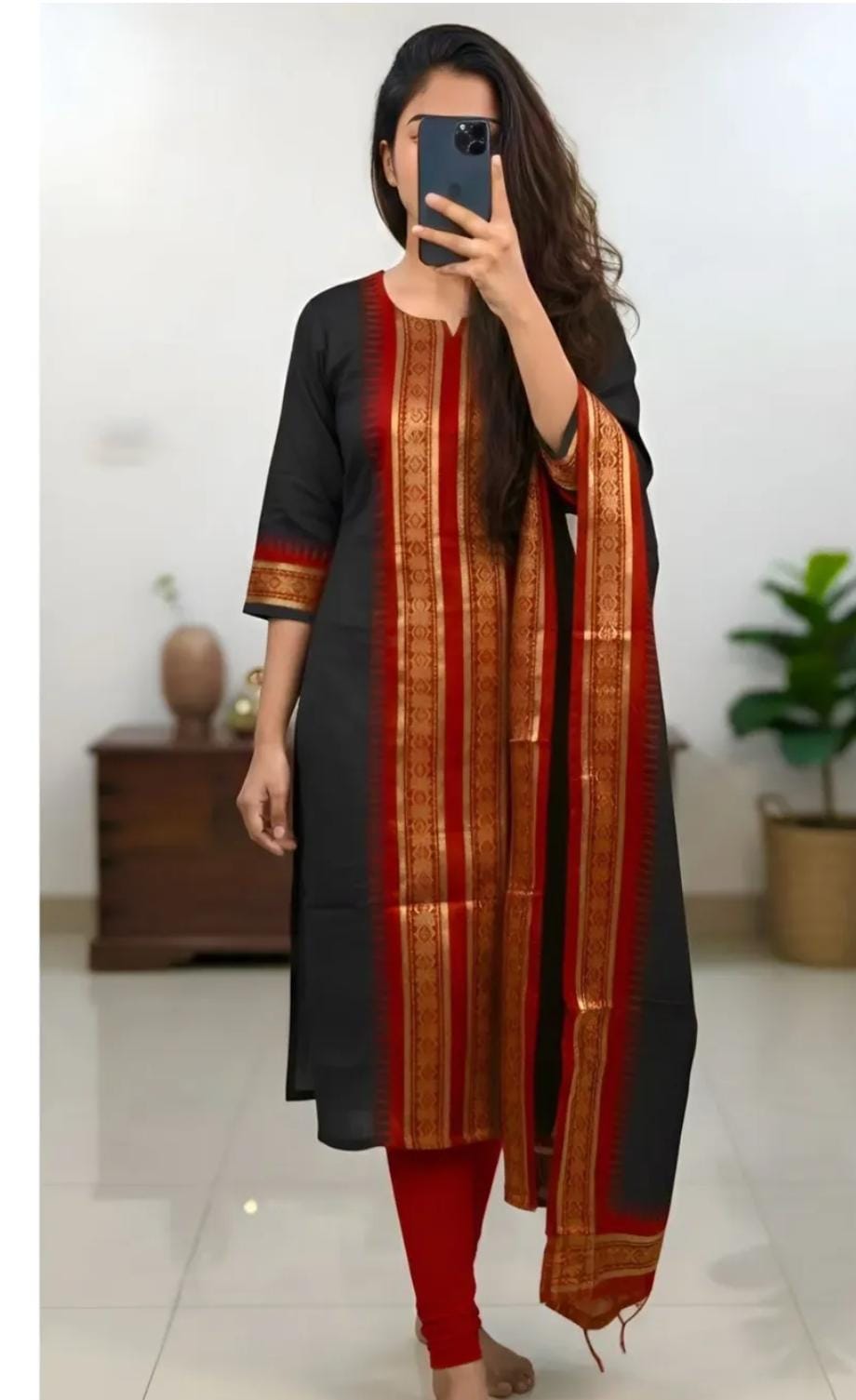 Black Chanderi Cotton Straight Fit Kurta Set with Jacquard Border.