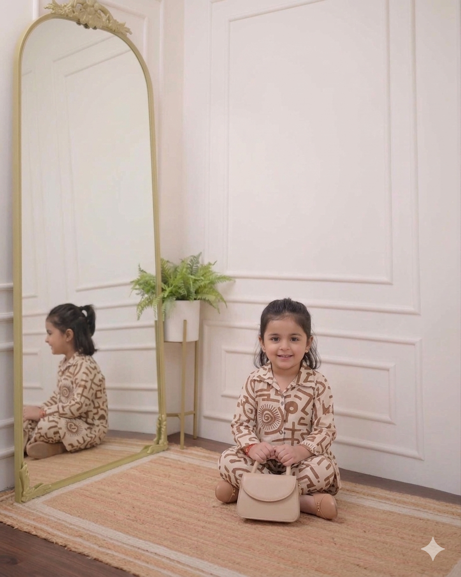 Modern Beige Printed Kurta Pant Set for Kids