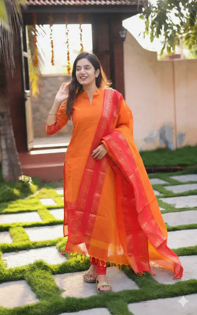 Elegant Chanderi Cotton Kurta Set with Jacquard Border Dupatta