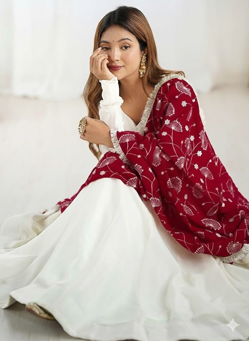 Elegant White Georgette Anarkali Gown with Maroon Sequins & Zari Lace Dupatta