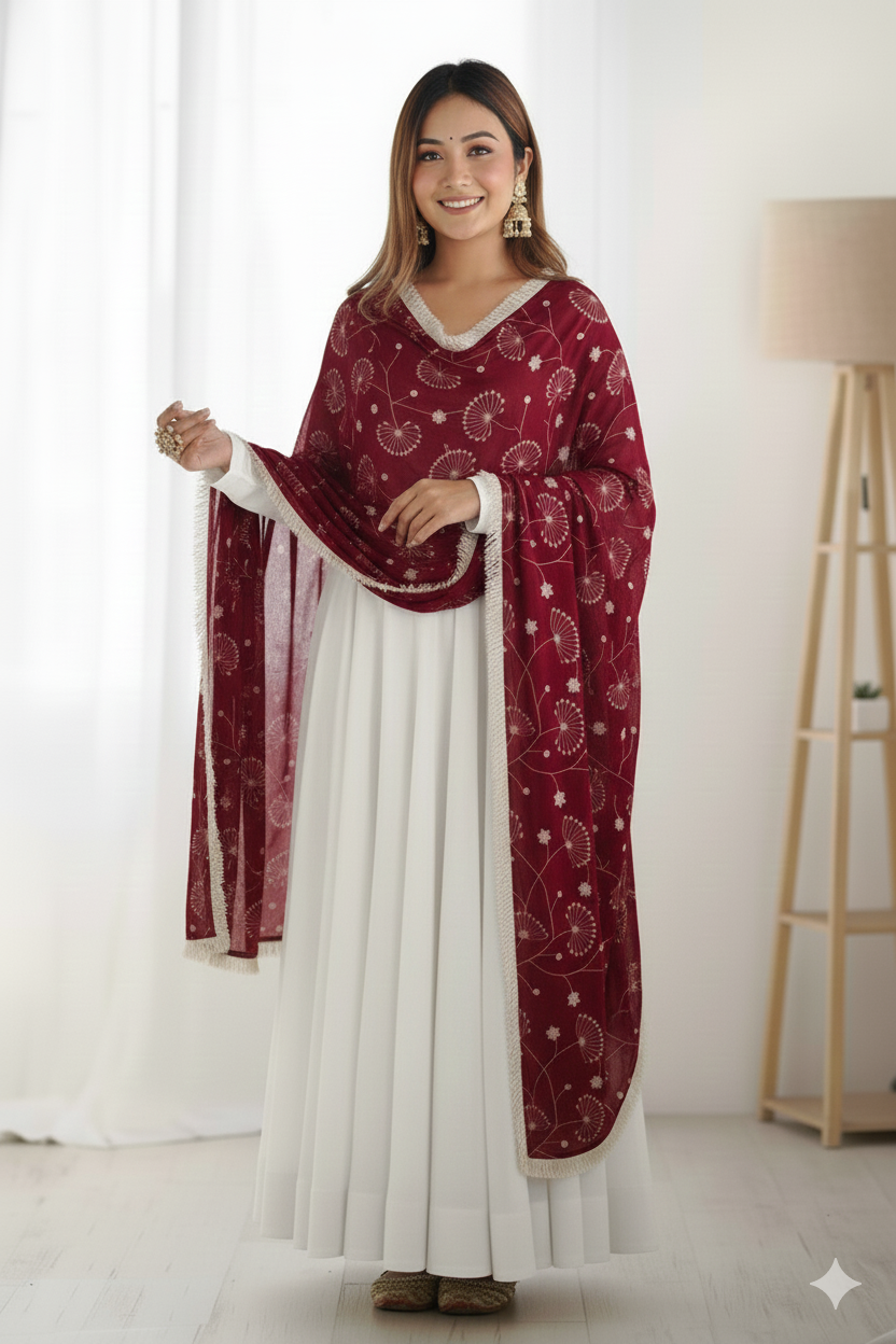 Elegant White Georgette Anarkali Gown with Maroon Sequins & Zari Lace Dupatta