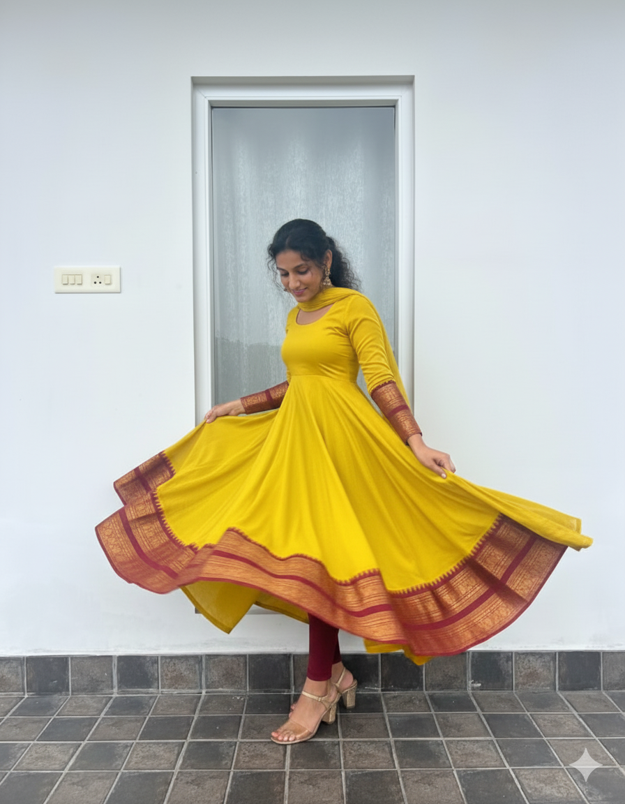Yellow  Georgette Anarkali with Traditional Border