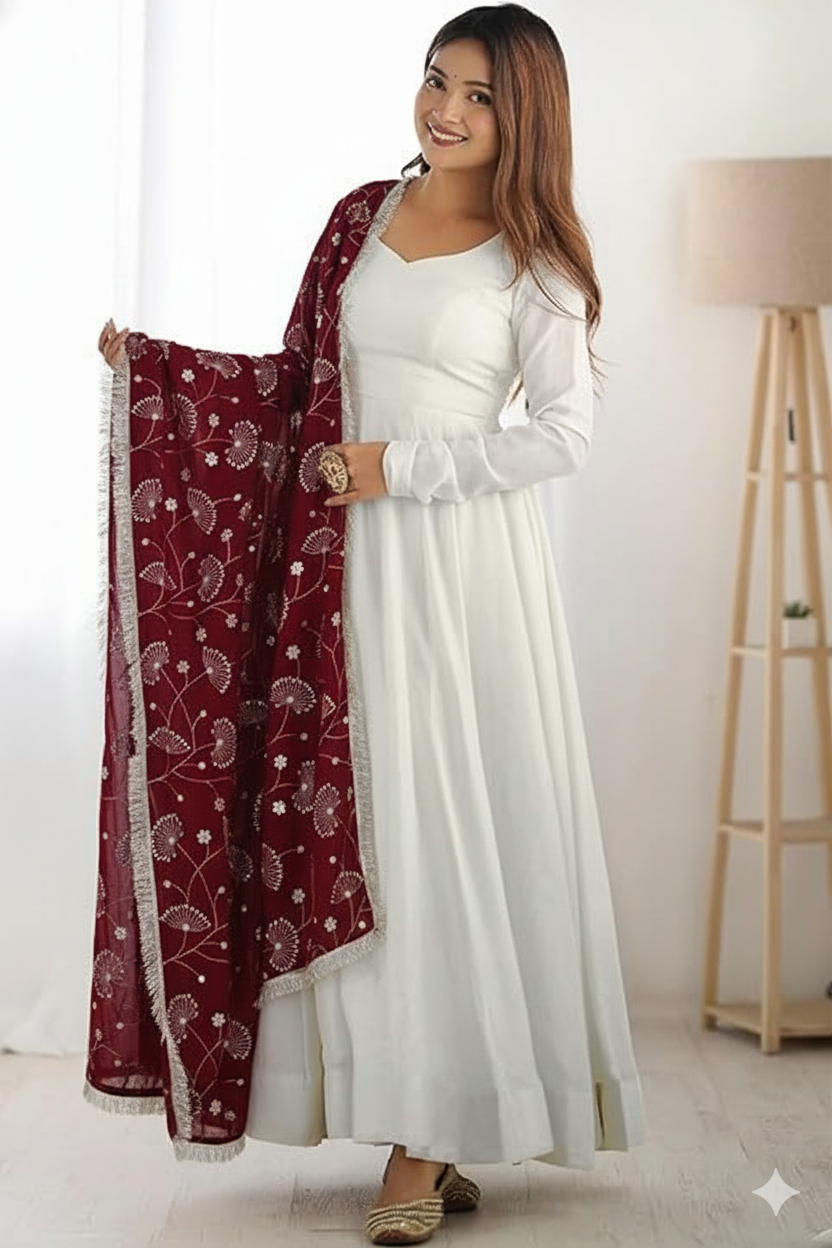 Elegant White Georgette Anarkali Gown with Maroon Sequins & Zari Lace Dupatta