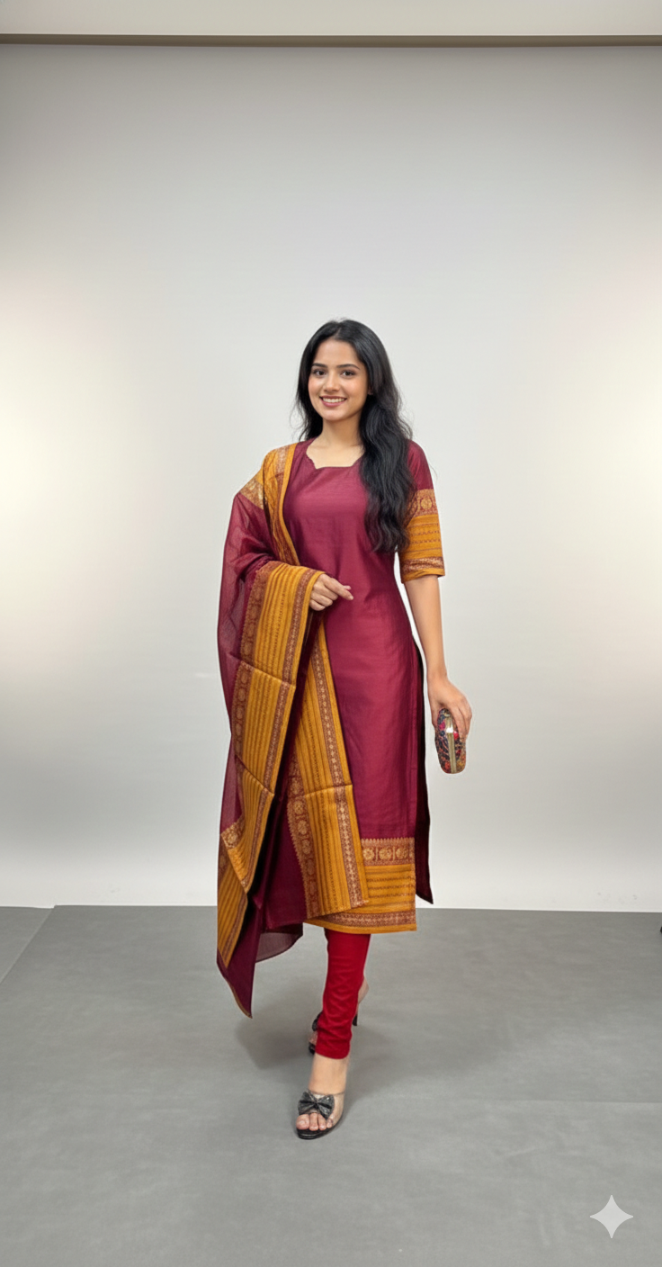 Maroon Chanderi Straight Kurta with Jacquard Border