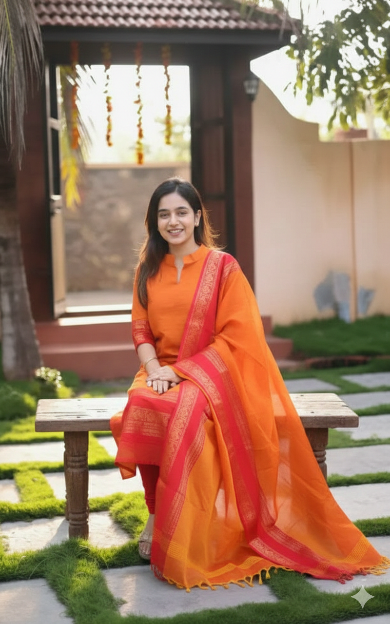 Elegant Chanderi Cotton Kurta Set with Jacquard Border Dupatta