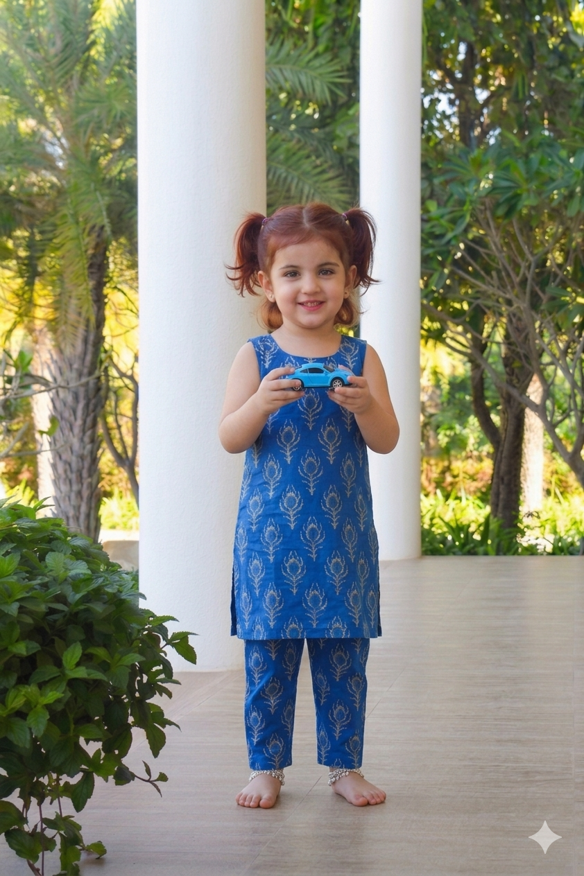 Blue Leaf Printed Kurta Set