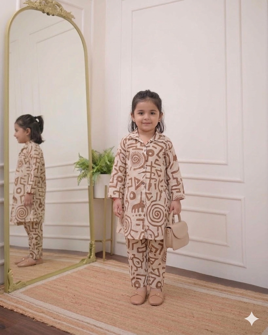 Modern Beige Printed Kurta Pant Set for Kids