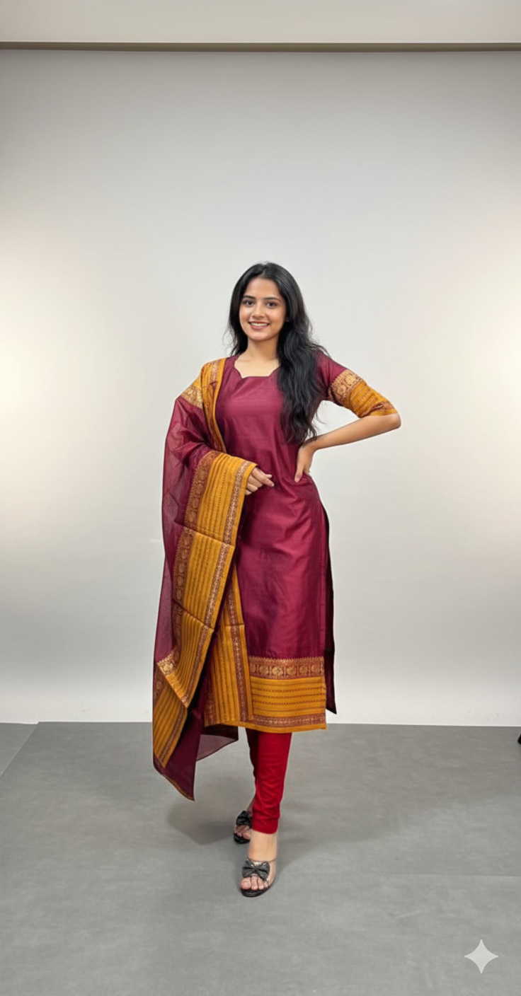 Maroon Chanderi Straight Kurta with Jacquard Border