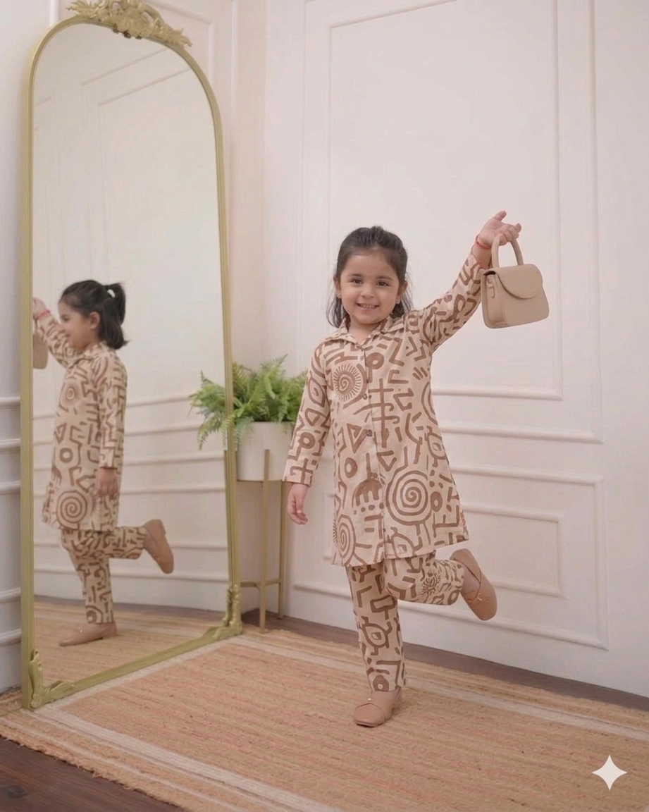 Modern Beige Printed Kurta Pant Set for Kids