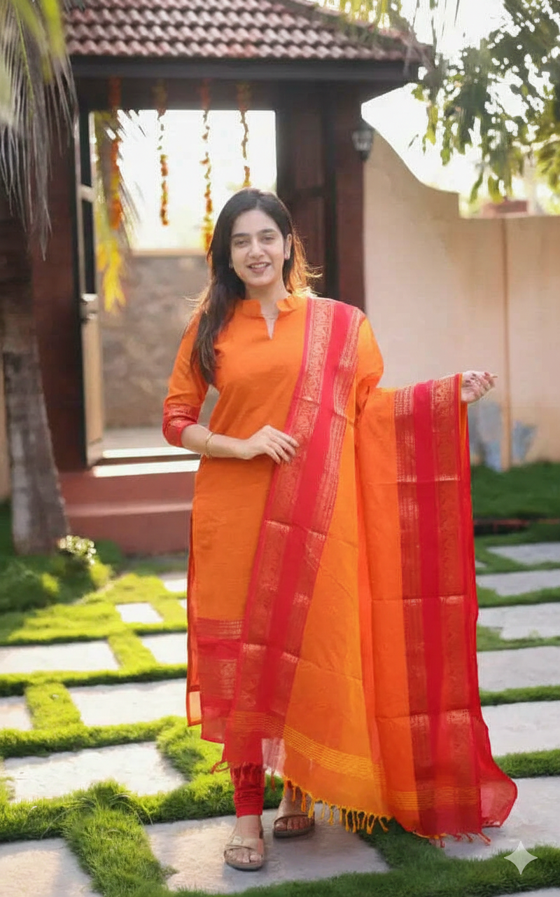 Elegant Chanderi Cotton Kurta Set with Jacquard Border Dupatta