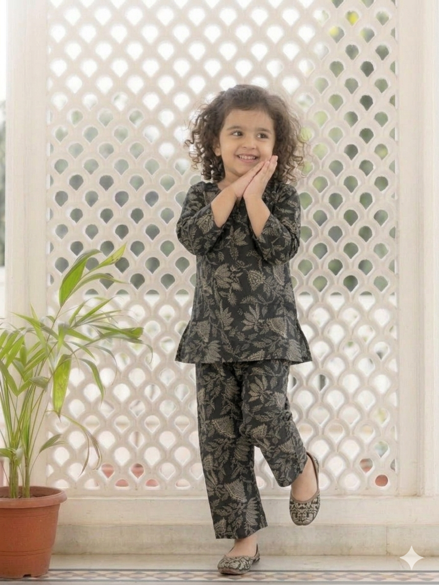 Kids Stylish Black Printed Co-ord Kurta Set