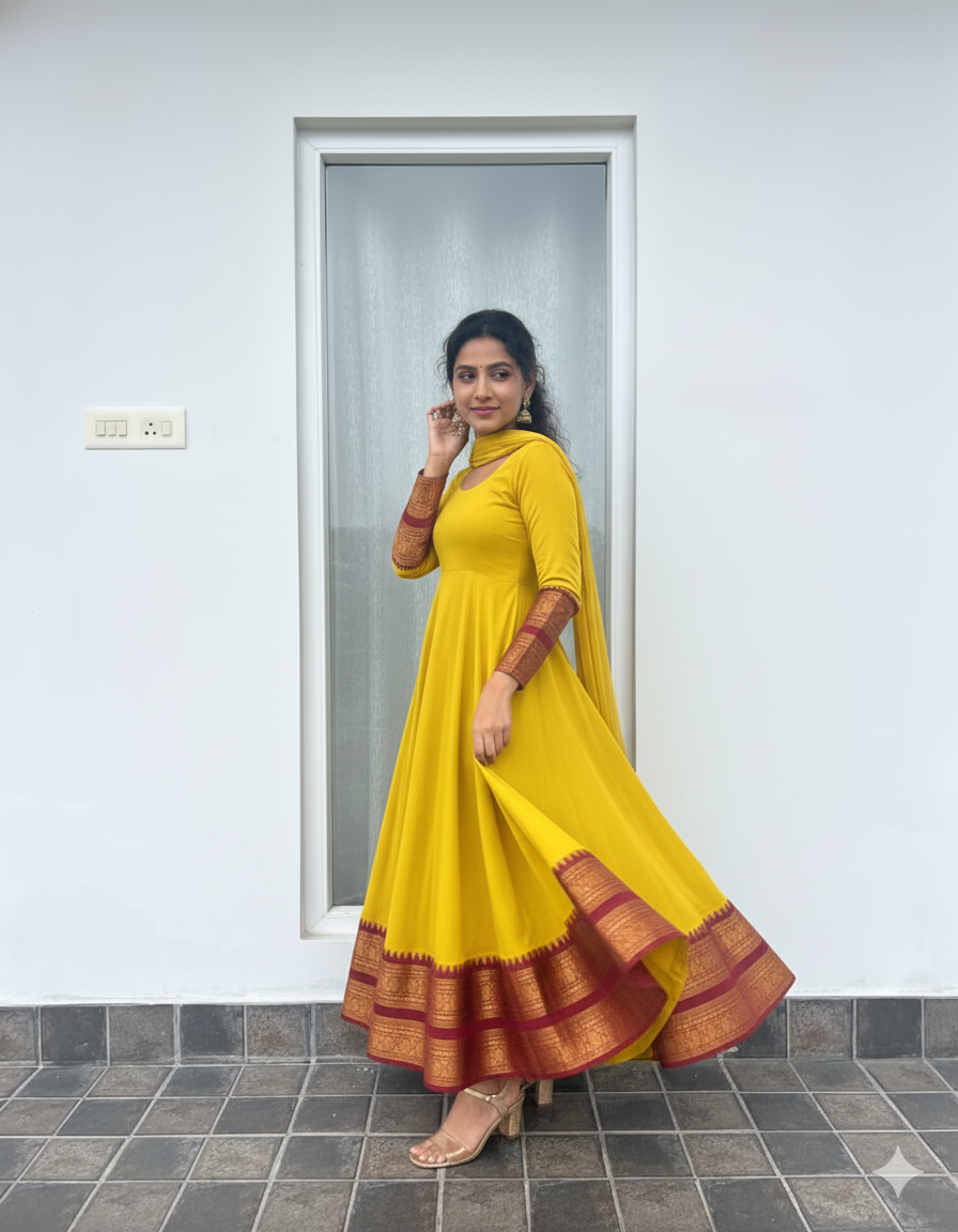 Yellow  Georgette Anarkali with Traditional Border