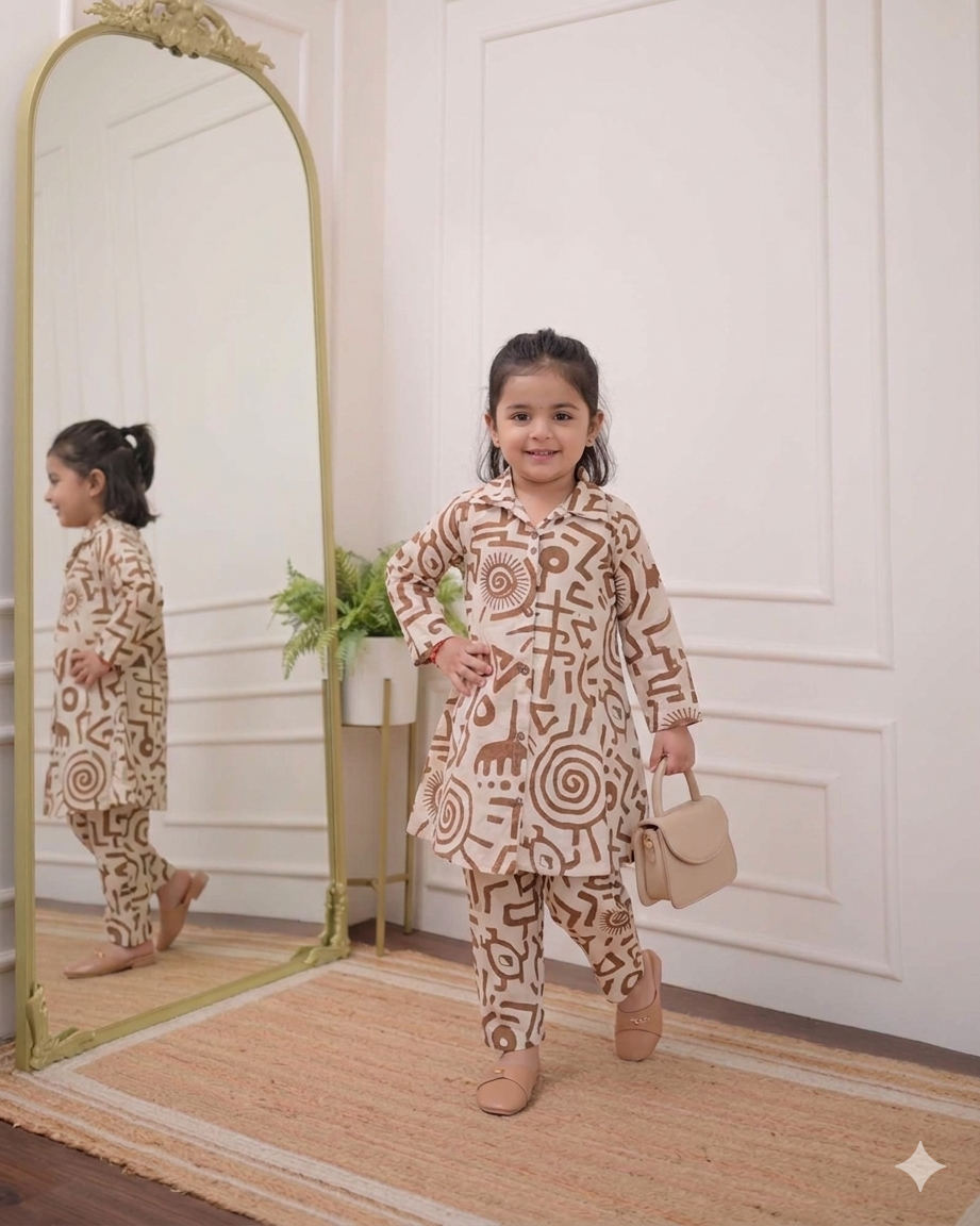 Modern Beige Printed Kurta Pant Set for Kids