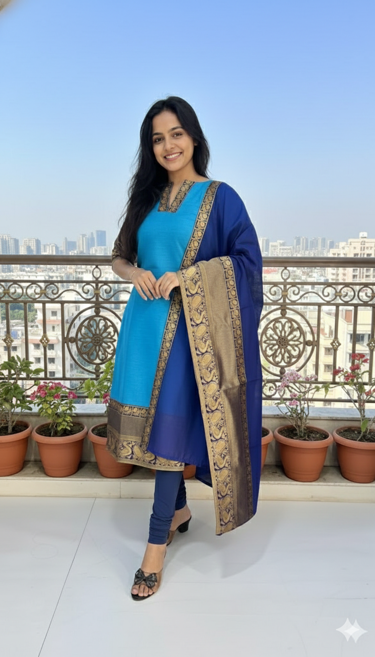 Elegant Chanderi Cotton Straight Kurta with Contrast Dupatta