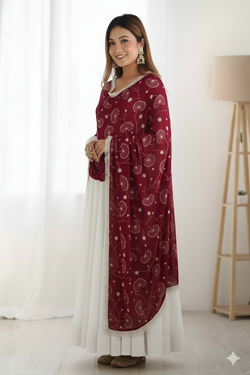 Elegant White Georgette Anarkali Gown with Maroon Sequins & Zari Lace Dupatta