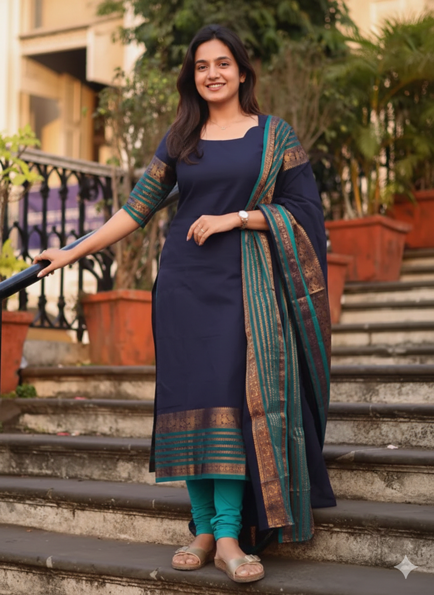 Navy Blue Chanderi Straight Kurta with Jacquard Border