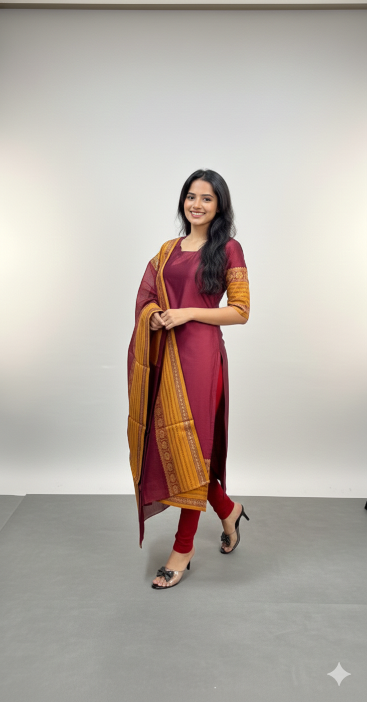 Maroon Chanderi Straight Kurta with Jacquard Border