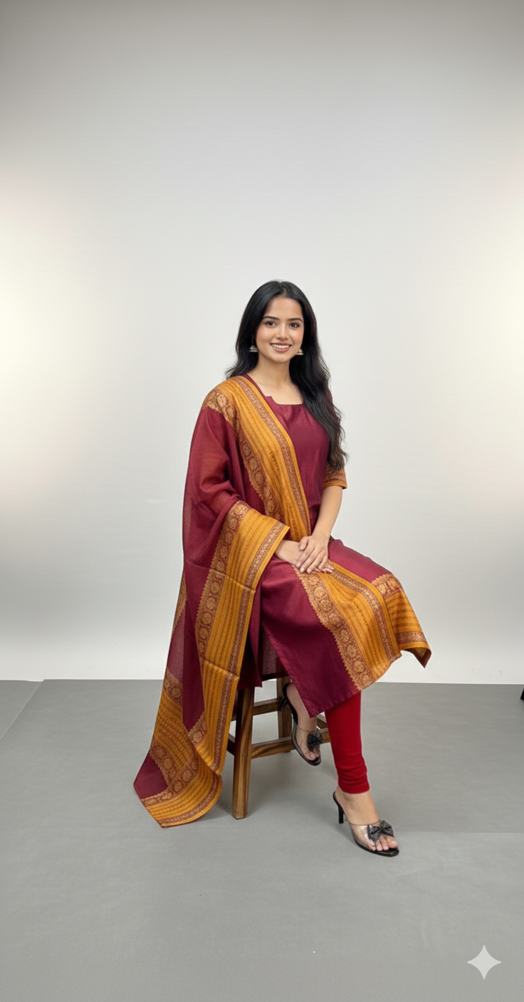 Maroon Chanderi Straight Kurta with Jacquard Border