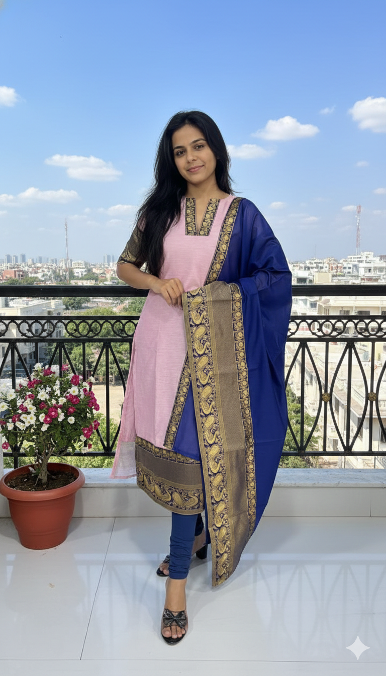 Elegant Chanderi Cotton Straight Kurta with Contrast Dupatta
