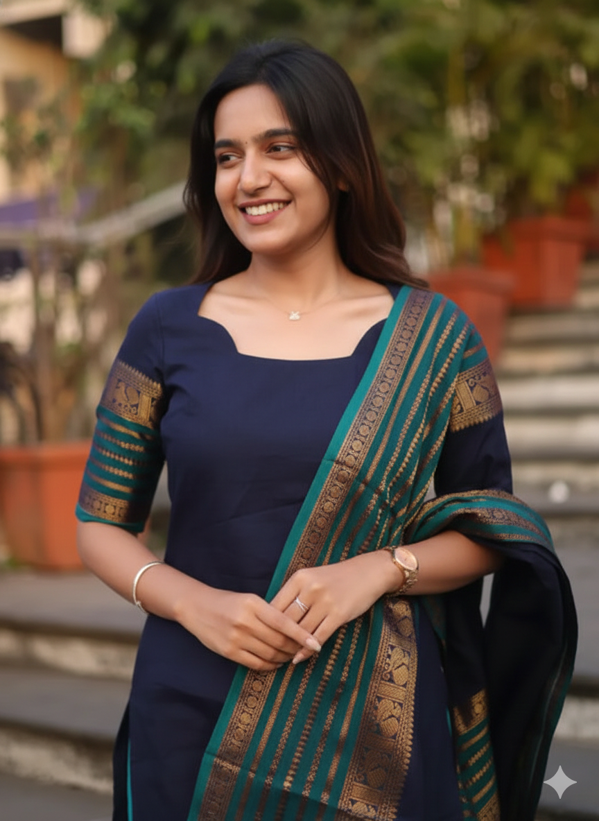 Navy Blue Chanderi Straight Kurta with Jacquard Border