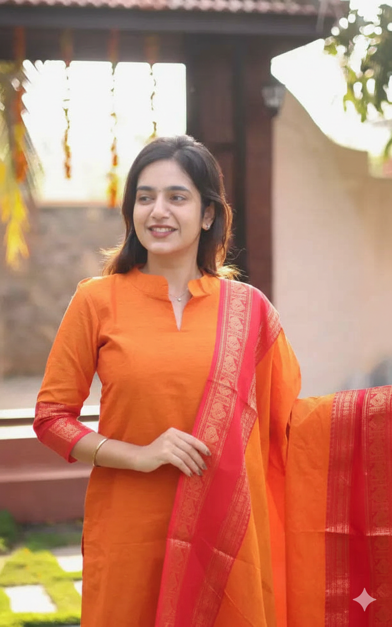 Elegant Chanderi Cotton Kurta Set with Jacquard Border Dupatta