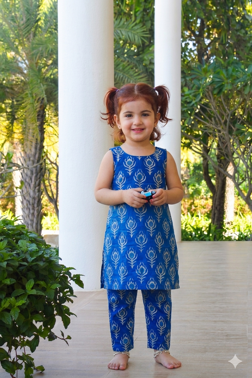 Blue Leaf Printed Kurta Set