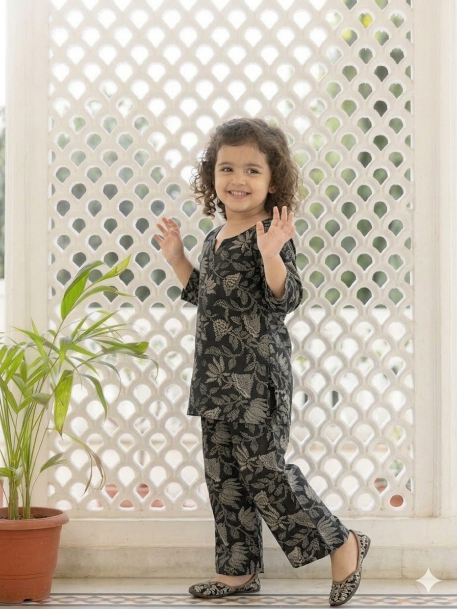 Kids Stylish Black Printed Co-ord Kurta Set