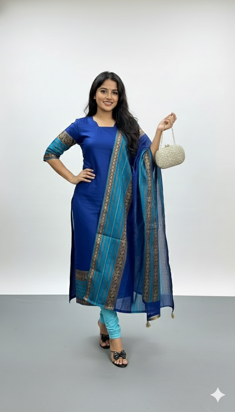Navy Blue Chanderi Straight Kurta with Jacquard Border