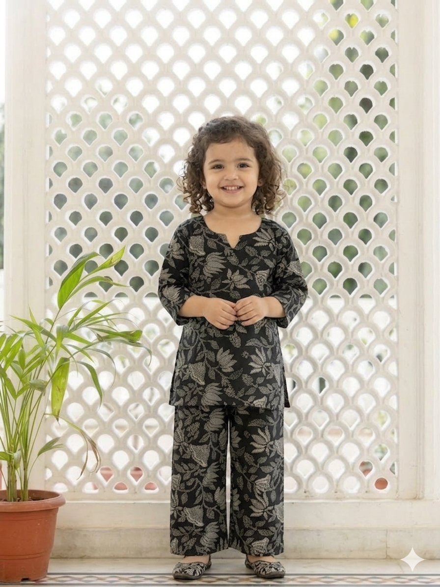 Kids Stylish Black Printed Co-ord Kurta Set