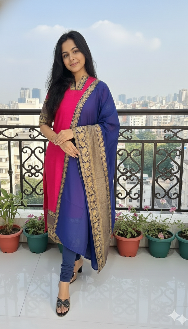 Elegant Chanderi Cotton Straight Kurta with Contrast Dupatta