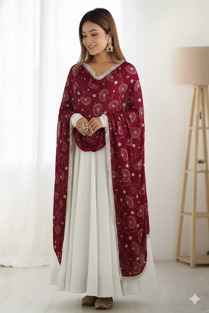 Elegant White Georgette Anarkali Gown with Maroon Sequins & Zari Lace Dupatta