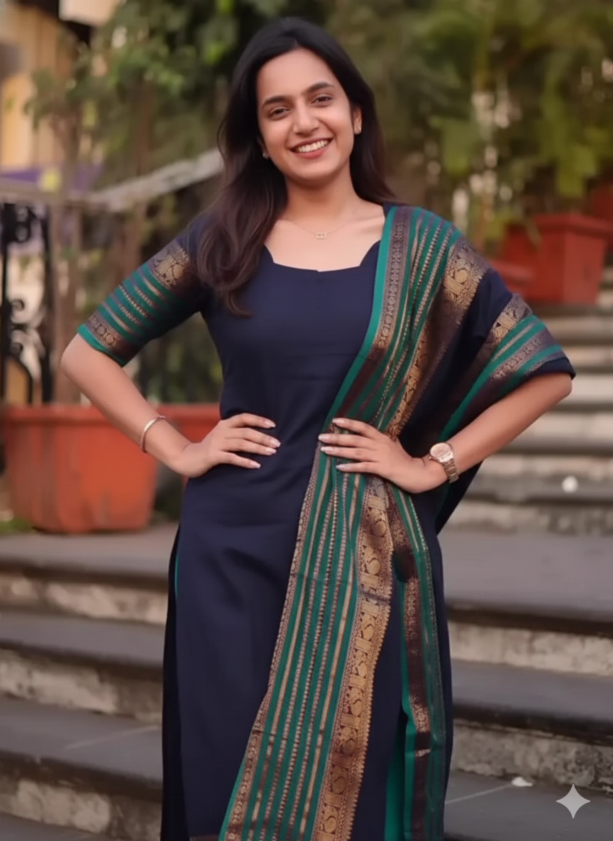Navy Blue Chanderi Straight Kurta with Jacquard Border