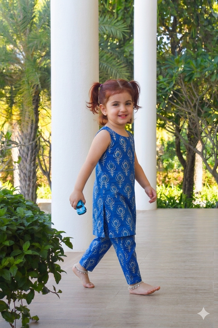 Blue Leaf Printed Kurta Set