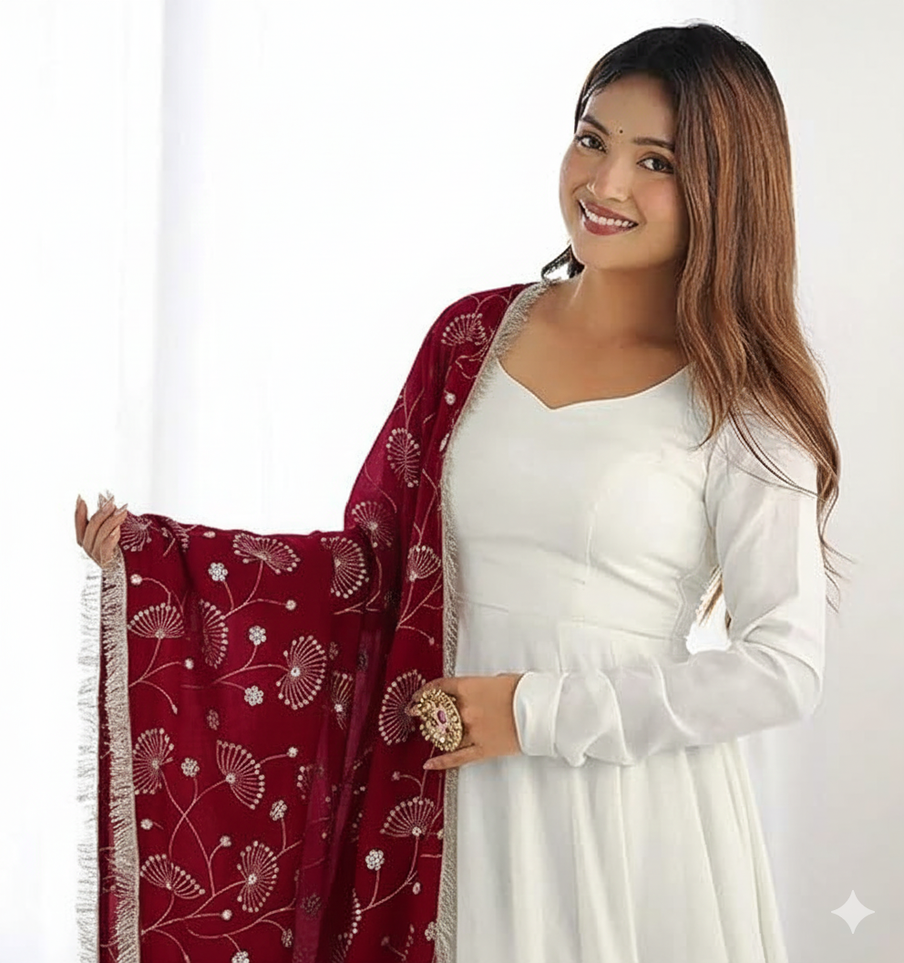 Elegant White Georgette Anarkali Gown with Maroon Sequins & Zari Lace Dupatta