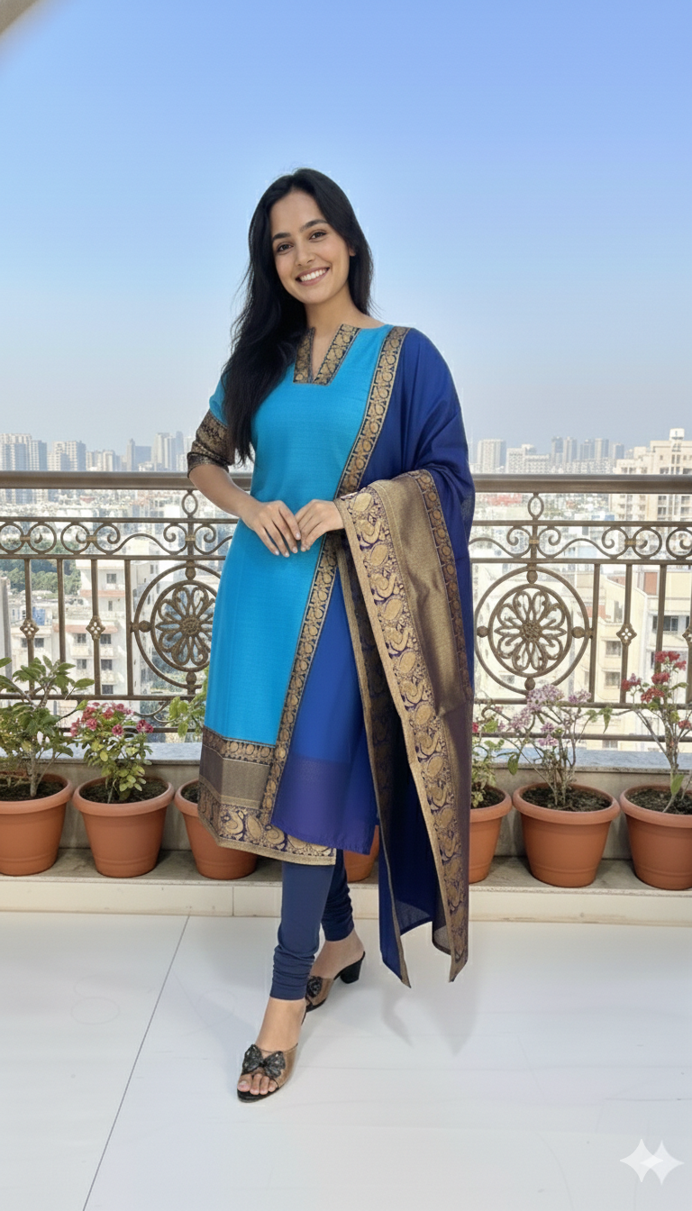 Elegant Chanderi Cotton Straight Kurta with Contrast Dupatta