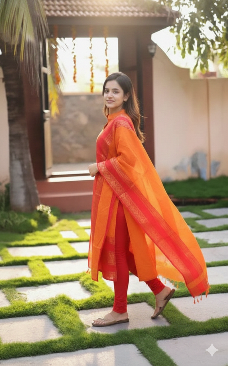 Elegant Chanderi Cotton Kurta Set with Jacquard Border Dupatta