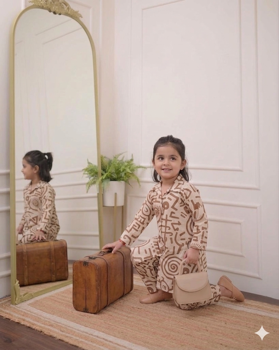 Modern Beige Printed Kurta Pant Set for Kids