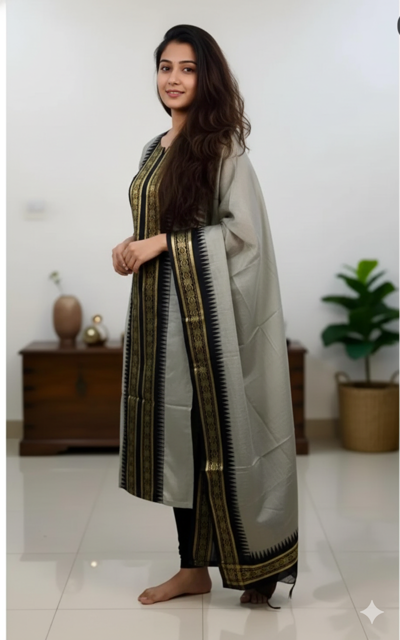 Gray Chanderi Cotton Straight Fit Kurta Set with Jacquard Border.