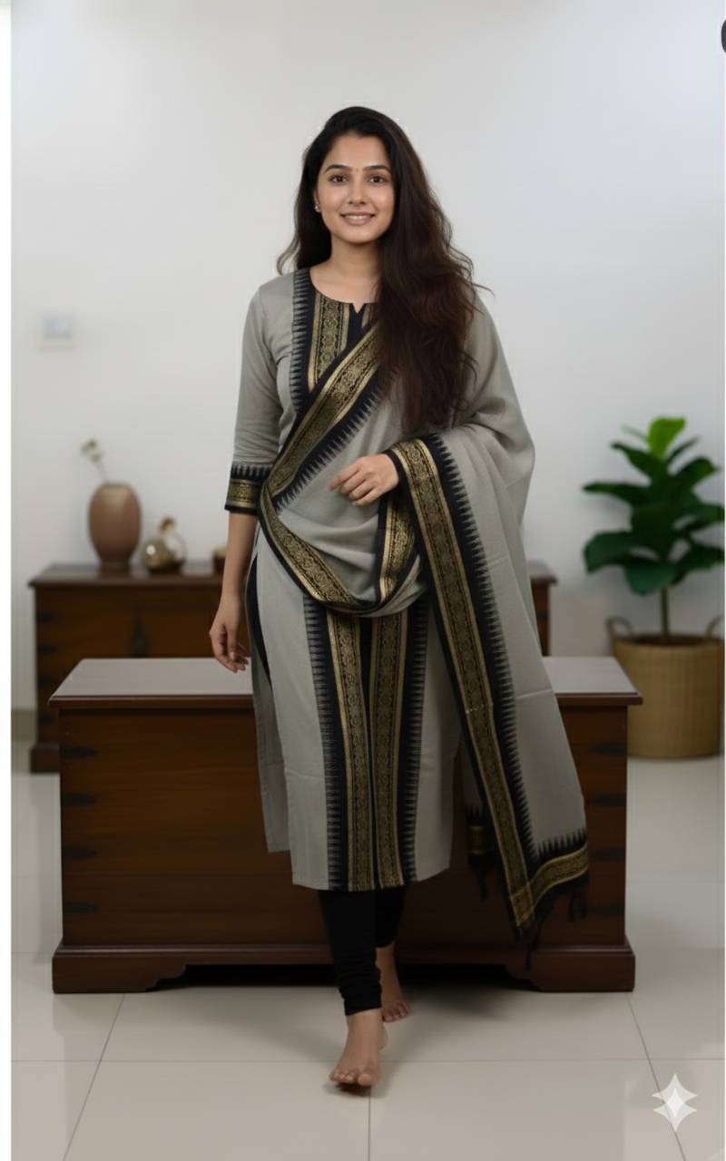 Gray Chanderi Cotton Straight Fit Kurta Set with Jacquard Border.