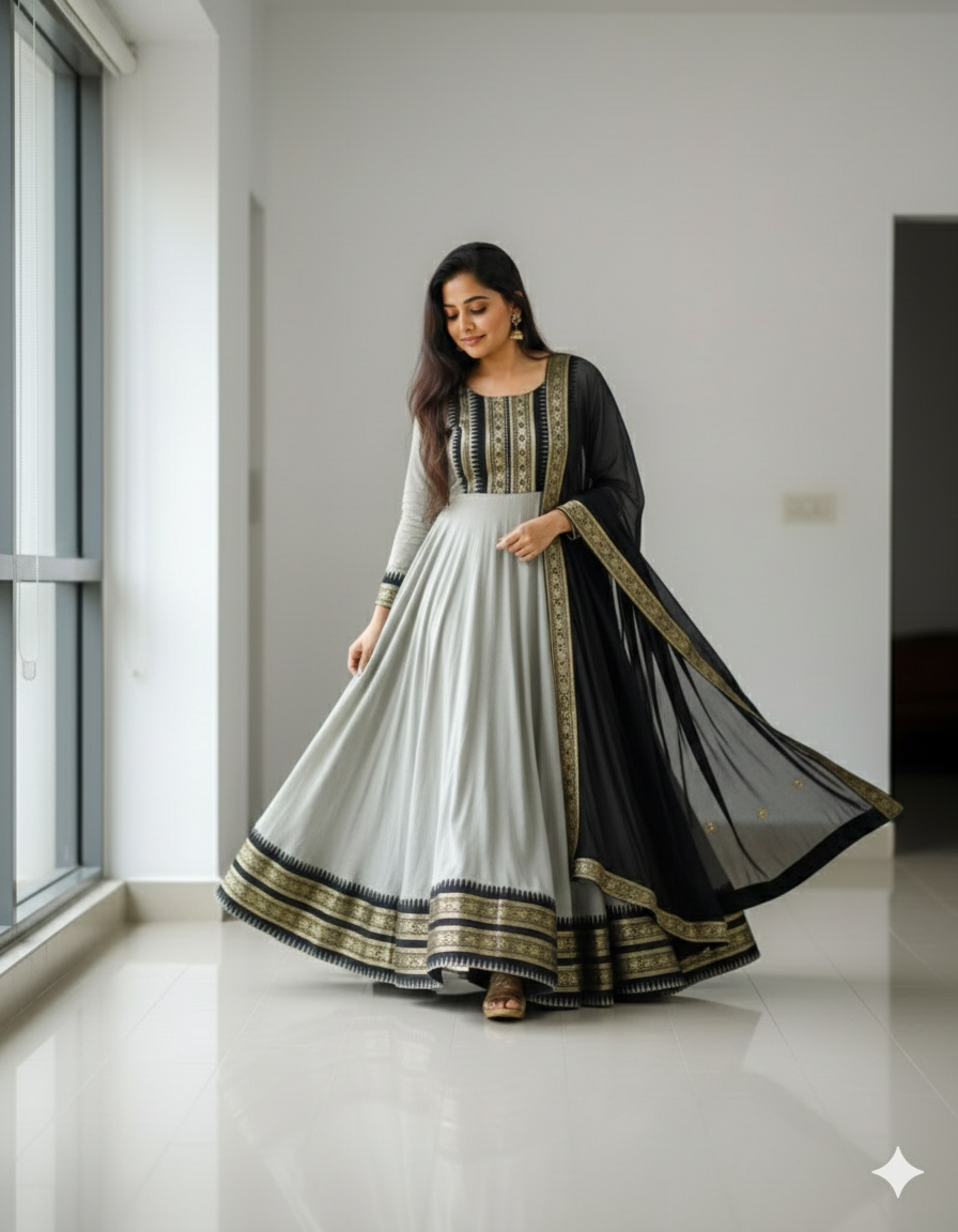 Chanderi Cotton Gown with Jacquard Work & Georgette Dupatta