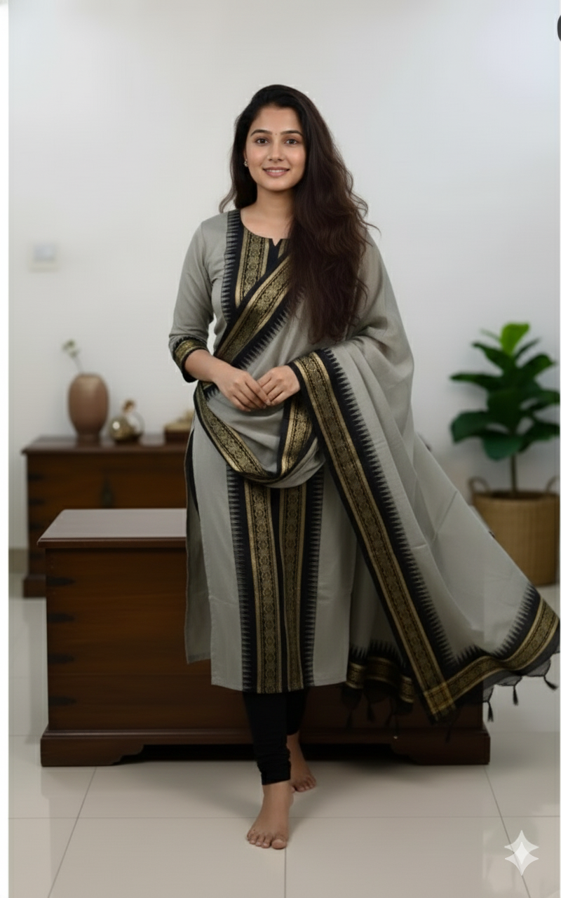 Gray Chanderi Cotton Straight Fit Kurta Set with Jacquard Border.